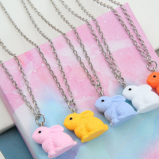 Immagine di Resina Pasqua Collana con Ciondolo Tono Argento Multicolore Coniglio Dipinto 1 Pz
