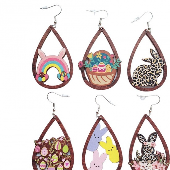 Picture of Wood Easter Day Ear Wire Hook Earrings Silver Tone Multicolor Oval Rabbit Hollow