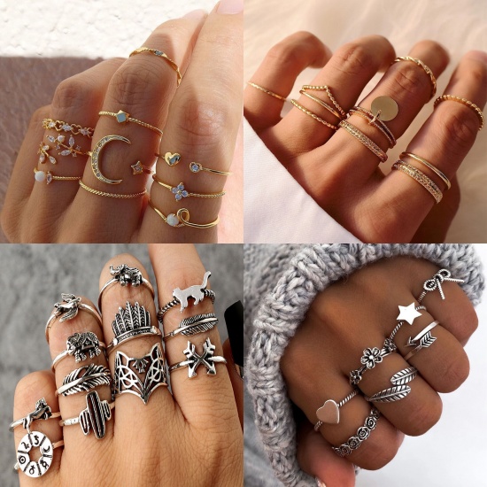 Picture of Stylish Open Adjustable Knuckle Band Midi Rings Multicolor Star Moon Clear Rhinestone 21mm(US Size 11.5) - 18mm(US Size 7.75), 1 Set