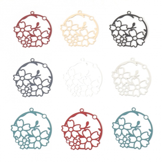 Picture of Iron Based Alloy Filigree Stamping Pendants Multicolor Round Flower 3.2cm x 3cm