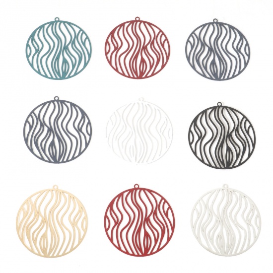 Picture of Iron Based Alloy Filigree Stamping Pendants Multicolor Round Stripe 3.8cm x 3.6cm