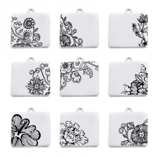 Picture of 304 Stainless Steel Charms Silver Tone Square Flower 18mm x 18mm