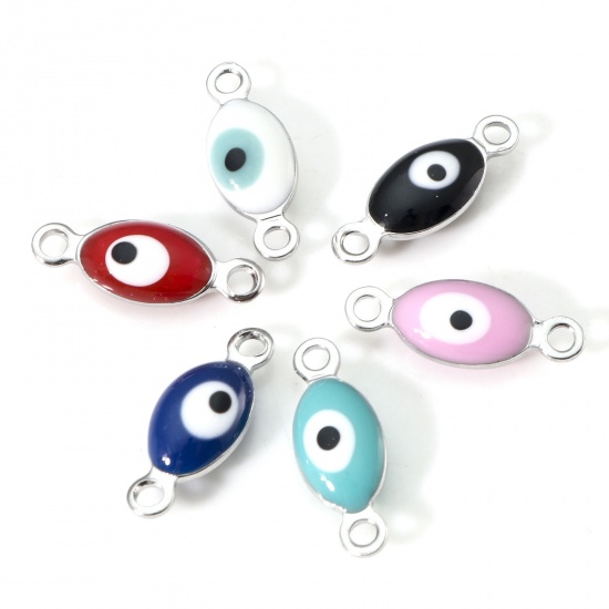 Picture of 304 Stainless Steel Religious Connectors Silver Tone Multicolor Marquise Evil Eye Double-sided Enamel 15.5mm x 6mm