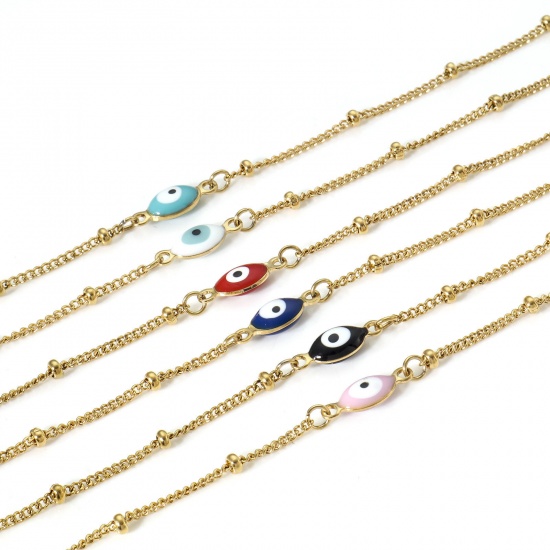 Picture of 304 Stainless Steel Religious Curb Link Chain Anklet Gold Plated Multicolor Double-sided Enamel Marquise Evil Eye 22cm(8 5/8") long