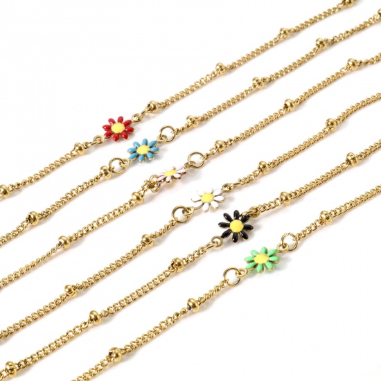 Picture of 304 Stainless Steel Curb Link Chain Anklet Gold Plated Multicolor Double-sided Enamel Daisy Flower 22cm(8 5/8") long