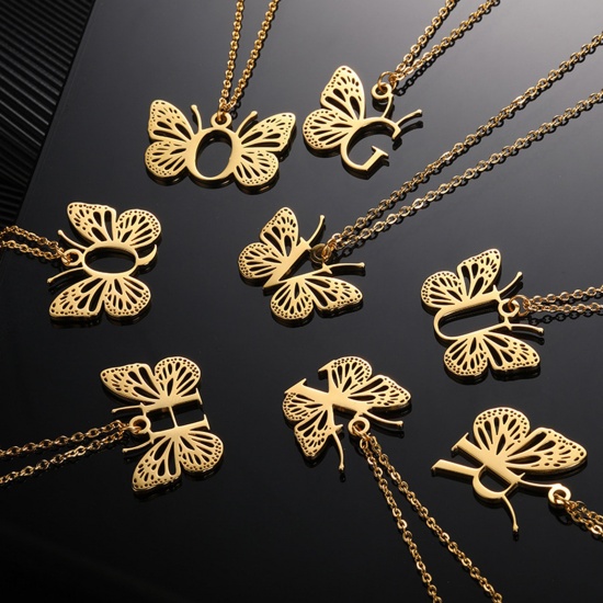 Picture of 304 Stainless Steel Stylish Link Cable Chain Necklace 18K Gold Plated Butterfly Animal Initial Alphabet/ Capital Letter Message " A-Z " Hollow