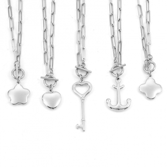 Immagine di 304 Acciaio Inossidabile Elegante Catena a Graffetta Collana Tono Argento Cuore Fiore 49.5cm Lunghezza, 1 Pz