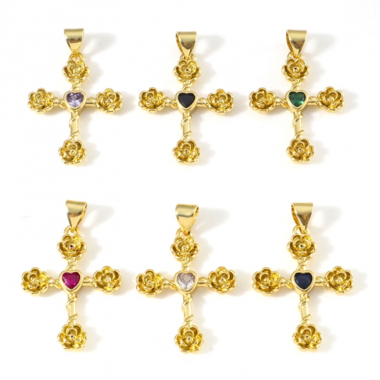 Immagine di Rame Religione Ciondoli Oro Placcato Croce Fiore Multicolore Cubic Zirconiae 3cm x 1.9cm, 1 Pz
