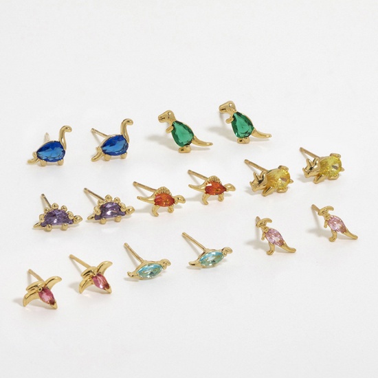 Picture of Copper Cute Ear Post Stud Earrings Gold Plated Dinosaur Animal Multicolour Cubic Zirconia