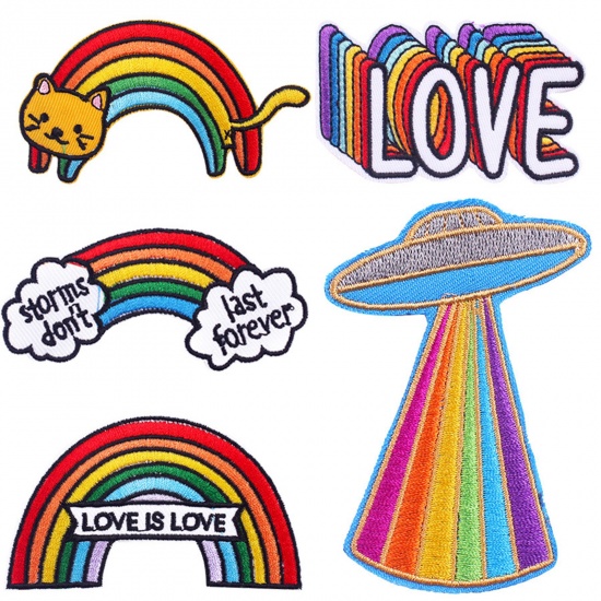 Picture of Polyester Embroidery Iron On Patches Appliques (With Glue Back) DIY Sewing Craft Clothing Decoration Multicolor Rainbow 1 Piece