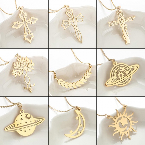 Picture of 304 Stainless Steel Stylish Link Cable Chain Necklace Multicolor Cross Sunflower 45cm(17 6/8") long