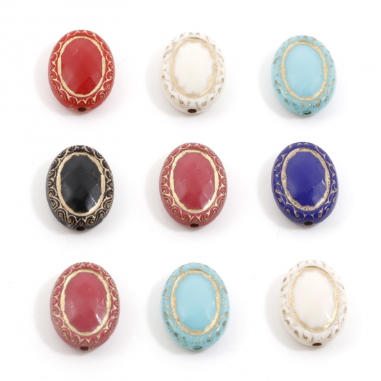 Picture of Acrylic Retro Beads For DIY Charm Jewelry Making Multicolor Oval Carved Pattern About 17.5mm x 13mm