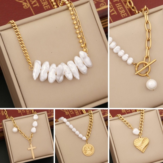 Picture of Eco-friendly 304 Stainless Steel Baroque Link Chain Necklace 18K Gold Plated Imitation Pearl 40cm(15 6/8") long