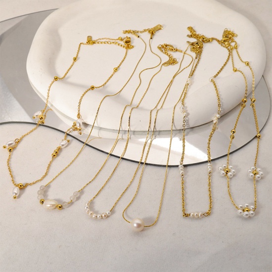 Picture of Eco-friendly 304 Stainless Steel Ins Style Link Chain Necklace 18K Gold Plated Imitation Pearl 1 Piece