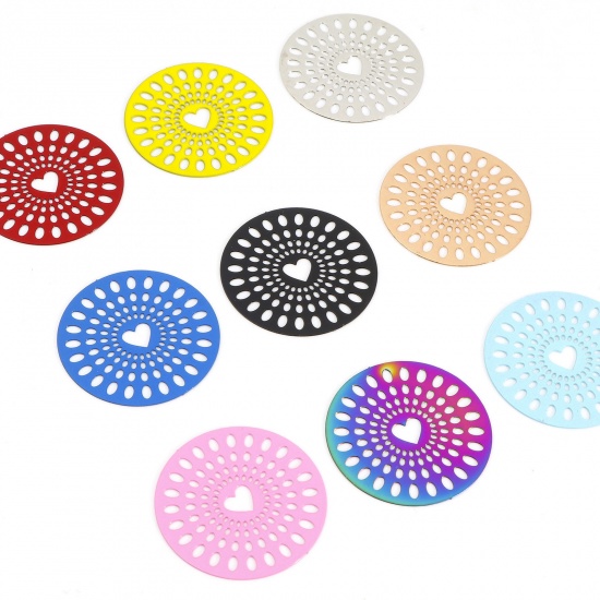 Picture of Iron Based Alloy Filigree Stamping Connectors Round Multicolor Heart 29mm Dia.