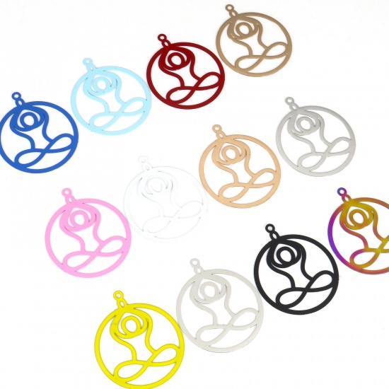 Picture of Iron Based Alloy Filigree Stamping Pendants Multicolor Yoga Round 3.5cm x 3cm