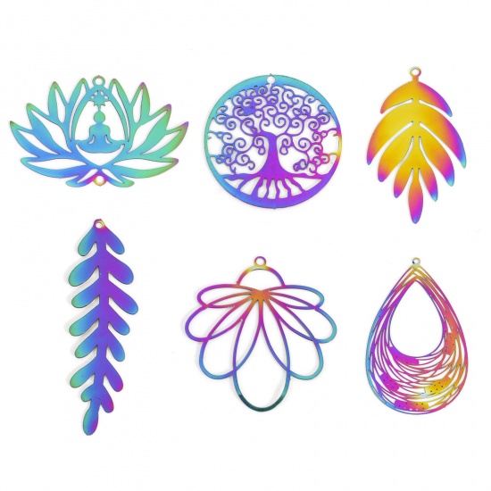 Picture of Iron Based Alloy Filigree Stamping Pendants Rainbow Color Plated Lotus Flower Flower Leaves
