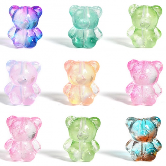 Picture of Lampwork Glass Beads For DIY Charm Jewelry Making Bear Animal Multicolor Gradient Color About 14.5mm x 12mm