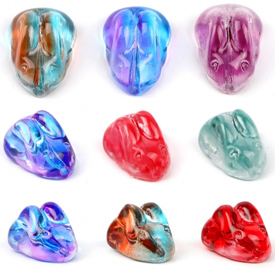Picture of Lampwork Glass Easter Day Beads For DIY Charm Jewelry Making Rabbit Animal Multicolor Gradient Color About 15mm x 11mm