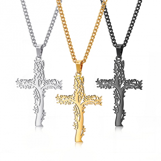 Picture of Eco-friendly 304 Stainless Steel Religious Curb Link Chain Necklace Multicolor Cross Tree of Life Hollow
