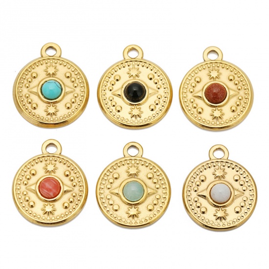Picture of Eco-friendly Vacuum Plating 304 Stainless Steel & Gemstone Boho Chic Bohemia Charms 18K Gold Plated Multicolor Round Compass 18mm Dia.