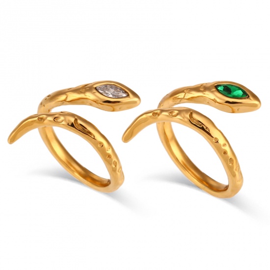 Picture of Eco-friendly Vacuum Plating Retro Stylish 18K Real Gold Plated 304 Stainless Steel & Cubic Zirconia Open Adjustable Snake Animal Rings For Women Birthday