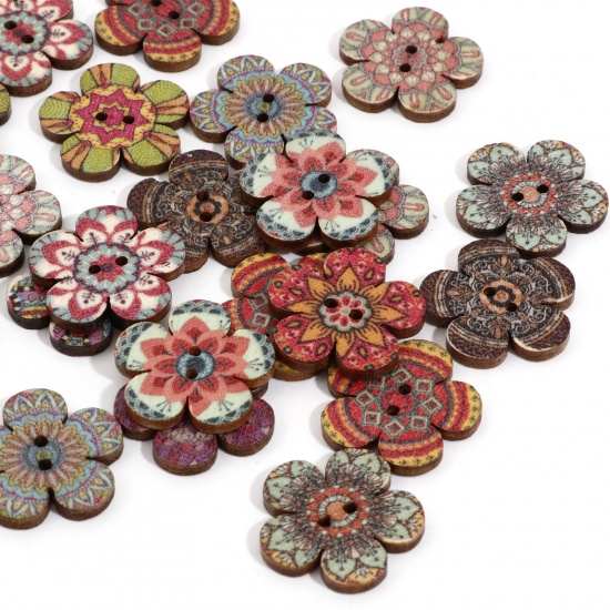 Bild von Holz Ethnisch Knöpfe für Aufnähen Scrapbooking 2 Löcher Blumen Zufällig Mix Mit zufälligen Muster 50 Stück