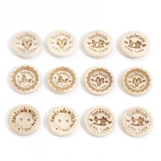 Picture of Wood Sewing Buttons Scrapbooking 2 Holes Round Creamy-White Message " Hand Made With Love " 20mm Dia.