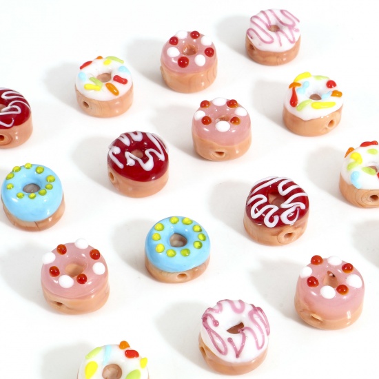Picture of Lampwork Glass Beads For DIY Charm Jewelry Making Donut Multicolor Food Enamel About 14mm Dia