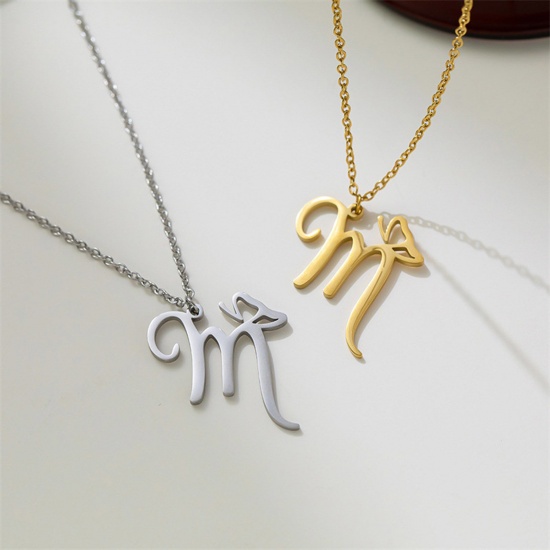 Picture of Eco-friendly 304 Stainless Steel Mother's Day Link Cable Chain Necklace Multicolor Butterfly Animal Lowercase Letter Message " M " 42cm(16 4/8") long