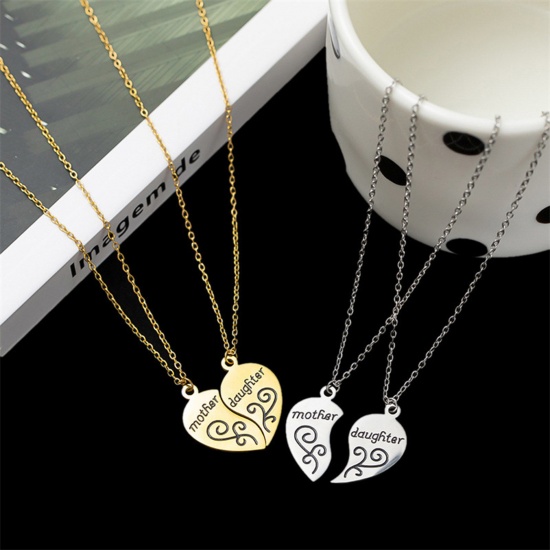 Picture of Eco-friendly 304 Stainless Steel Mother's Day Link Cable Chain Necklace Multicolor Broken Heart Message " Mother & Daughter " 42cm(16 4/8") long