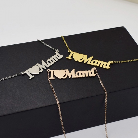 Picture of Eco-friendly 304 Stainless Steel Mother's Day Link Cable Chain Necklace Multicolor Heart Message " Mama " 42cm(16 4/8") long
