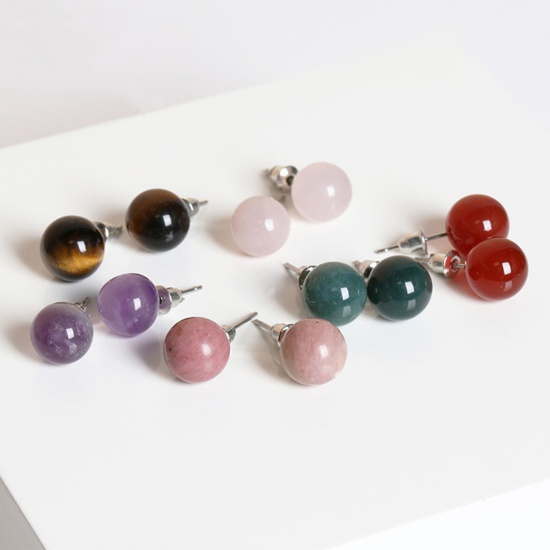Bild von Gemstone ( Natural ) Ear Post Stud Earrings Silver Tone stainless steel Round With Stoppers Post/ Wire Size: (20 gauge), 1 Pair