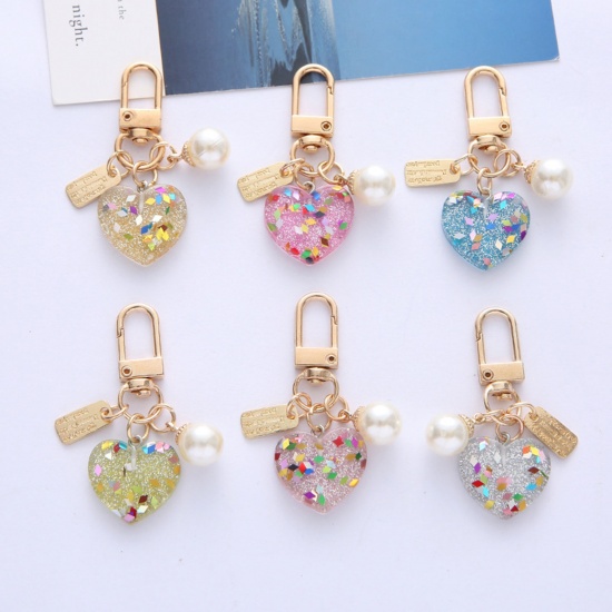 Picture of Resin Stylish Keychain & Keyring Gold Plated Multicolor Heart Imitation Pearl