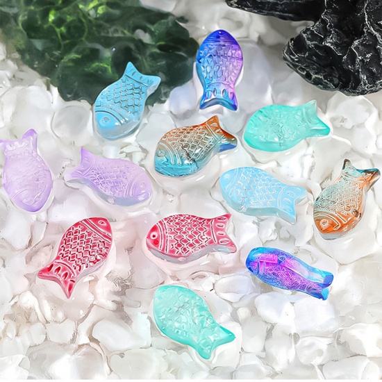 Picture of Lampwork Glass Ocean Jewelry Beads For DIY Charm Jewelry Making Fish Animal Multicolor Gradient Color About 15mm x 8mm