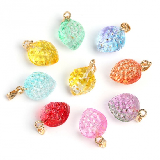 Picture of Lampwork Glass Charms Multicolor Strawberry Fruit Gradient Color 14mm x 12mm