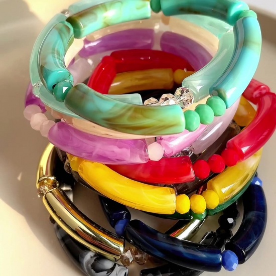 Picture of Acrylic Retro Bangles Bracelets Multicolor Curved Tube Elastic
