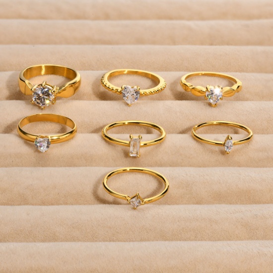 Bild von Eco-friendly Exquisite Stylish 18K Real Gold Plated 304 Stainless Steel & Cubic Zirconia Unadjustable Heart Rhombus Rings For Women Anniversary