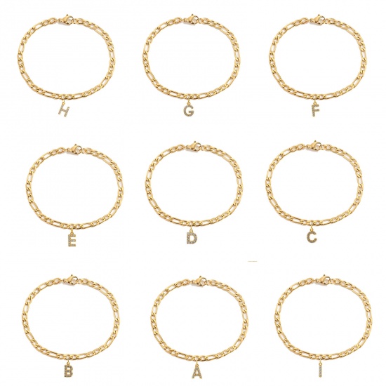 Bild von Eco-friendly Vacuum Plating Simple & Casual Stylish 14K Real Gold Plated 304 Stainless Steel & Cubic Zirconia Figaro Chain Initial Alphabet/ Capital Letter Message " A-Z " Charm Bracelets For Women Birthday
