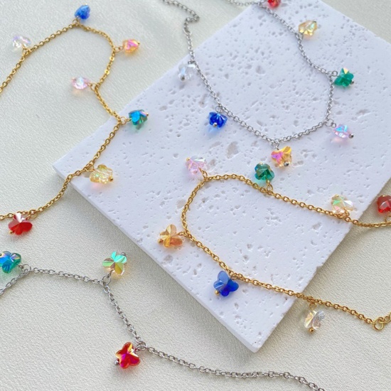 Picture of 304 Stainless Steel Rolo Chain Necklace 18K Gold Plated Butterfly Animal AB Color 42cm(16 4/8") long, 1 Piece