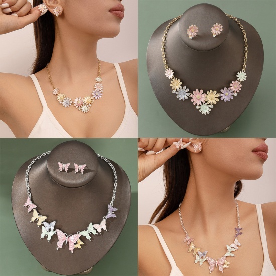 Picture of Stylish Jewelry Necklace Stud Earring Set Multicolor Butterfly Animal Daisy Flower