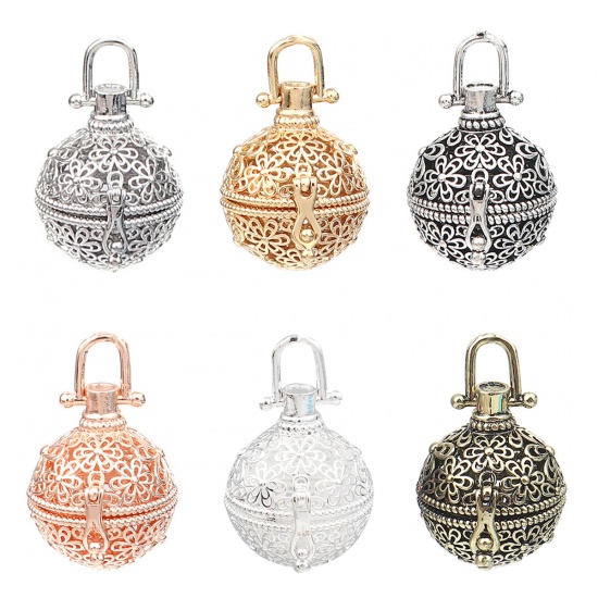 Picture of Zinc Based Alloy Pendants Mexican Angel Caller Bola Harmony Ball Wish Box Locket Flower Antique Bronze Can Open (Fits 18mm Beads) 34mm x 26mm, 2 PCs