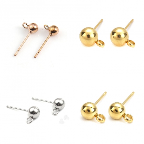Изображение 304 Stainless Steel Ear Post Stud Earrings Ball Gold Plated W/ Loop 9mm( 3/8") x 6mm( 2/8"), Post/ Wire Size: (21 gauge), 6 PCs