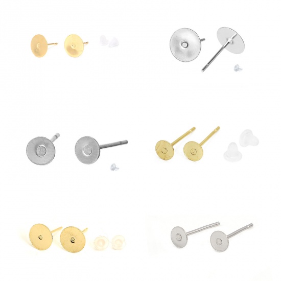 Изображение 304 Stainless Steel Ear Post Stud Earrings Round Gold Plated (Fits 8mm Dia.) 8mm( 3/8") Dia., Post/ Wire Size: (21 gauge), 30 PCs