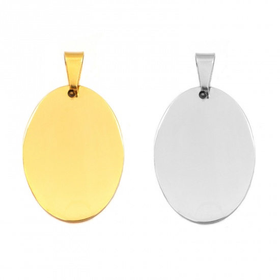 Picture of 304 Stainless Steel Pendants Oval Silver Tone Blank Stamping Tags One Side 4.3cm x 2.5cm, 1 Piece