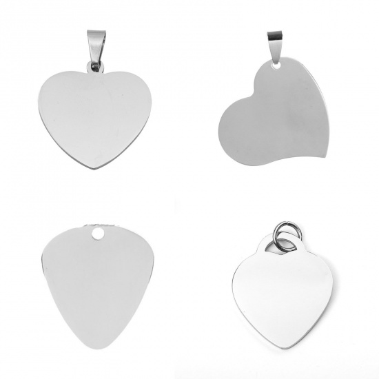 Picture of 304 Stainless Steel Pendants Heart Silver Tone Blank Stamping Tags One Side 3.8cm x 3cm, 1 Piece