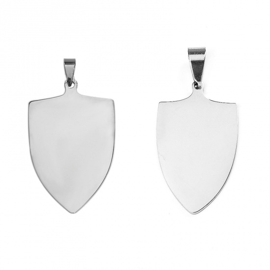 Picture of Titanium Steel Pendants Shield Silver Tone Blank Stamping Tags One Side 60mm x 33mm, 2 PCs