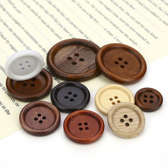 Picture of Wood Buttons Scrapbooking 4 Holes Round Black 11.5mm Dia., 100 PCs