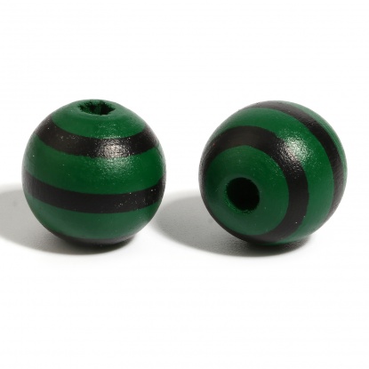 ウッド ビーズ 円形 濃緑 縞模様柄 約 16mm直径、 穴：約 4.5mm - 3.6mm、 200 個 の画像