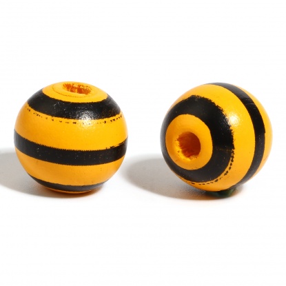 ウッド ビーズ 円形 オレンジ色 縞模様柄 約 16mm直径、 穴：約 4.5mm - 3.6mm、 200 個 の画像